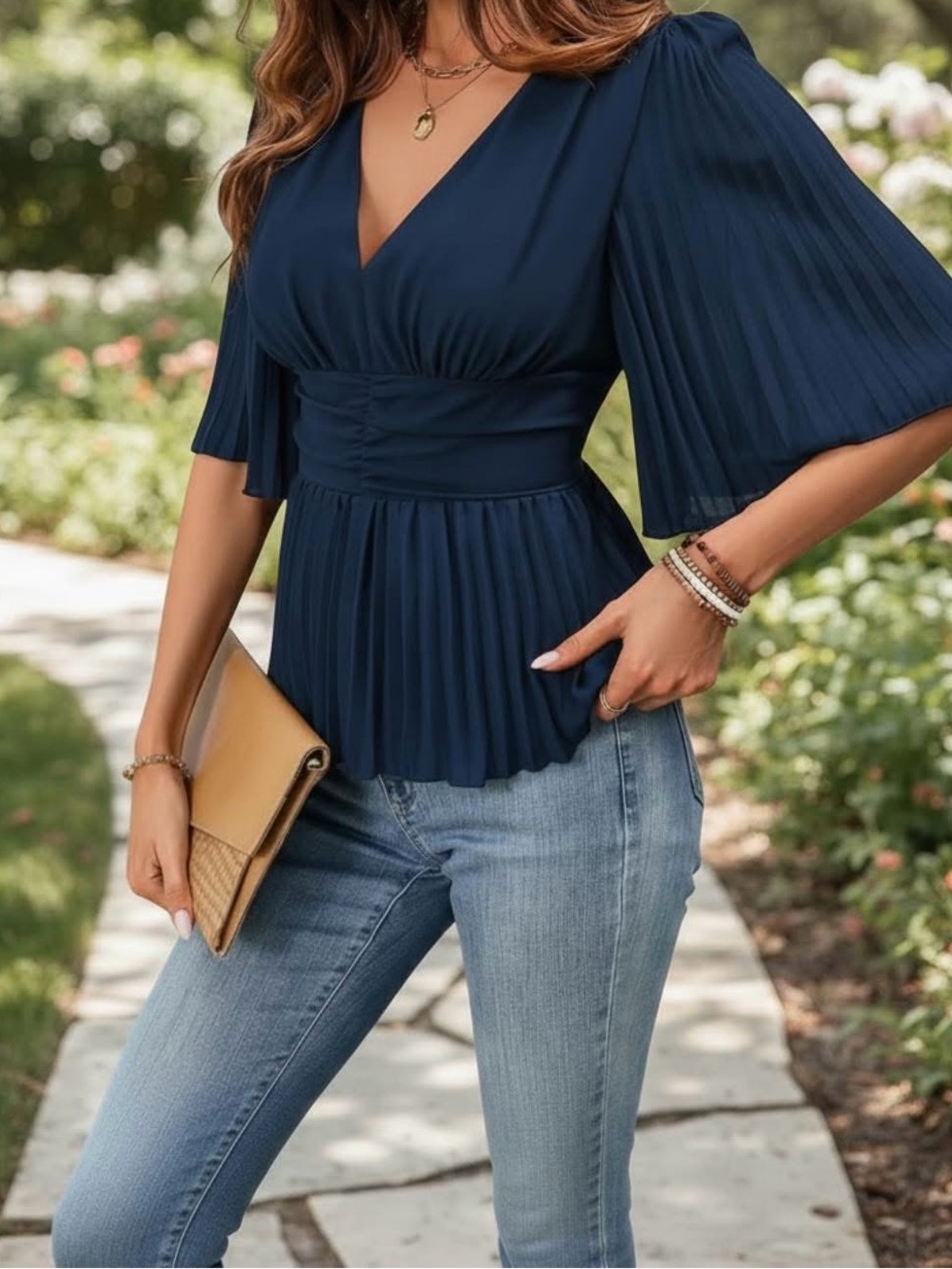 SHEIN Navy Pleated V-Neck Waist Peplum Blouse